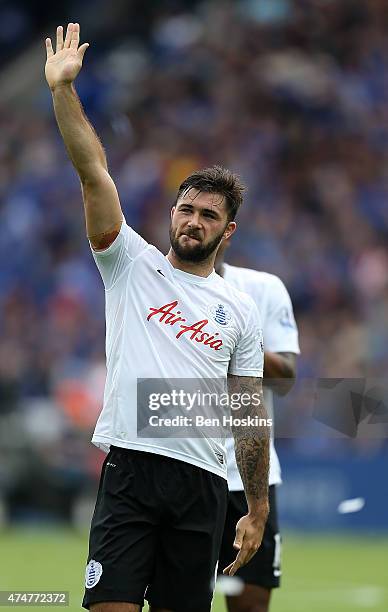 Charlie Ausin of QPR waves to the QPR fans following the Premier League match between Leicester City and Queens Park Rangers at The King Power...