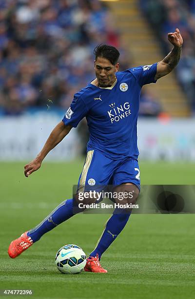 Leonardo Ulloa of Leicester in action during the Premier League match between Leicester City and Queens Park Rangers at The King Power Stadium on May...