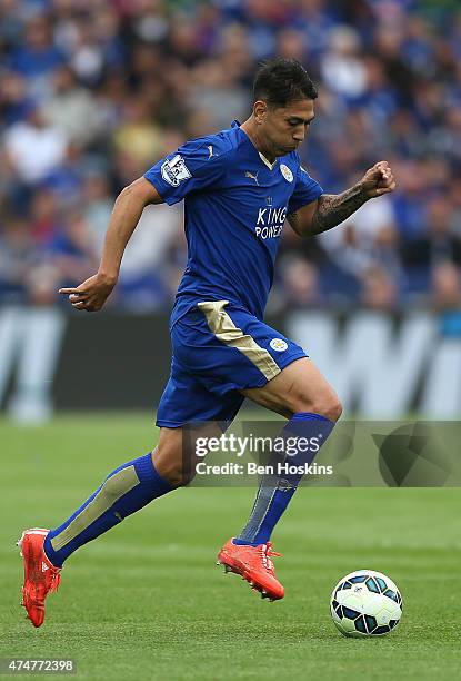 Leonardo Ulloa of Leicester in action during the Premier League match between Leicester City and Queens Park Rangers at The King Power Stadium on May...