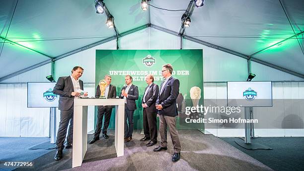 Ralf Koettker, DFB President Wolfgang Niersbach, Hansi Flick, Rainer Koch and DFB General Secretary Helmut Sandrock attend the DFB Ehrenrunde...