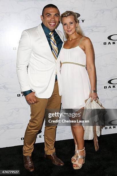 Professional rugby player Bryan Habana and wife Janine Habana arrive at Oakley's Disruptive by Design at Red Studios on February 24, 2014 in Los...