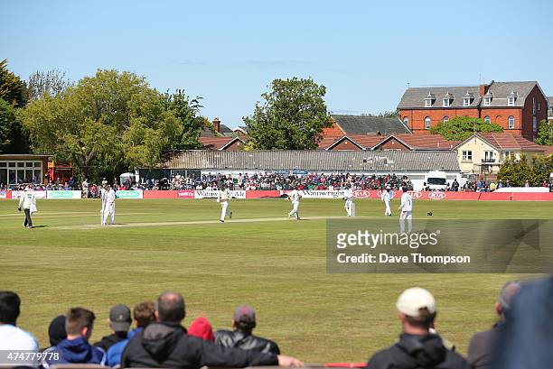 Spectators watch the action during the LV County Championship Division Two match between Lancashire and Derbyshire at Southport & Birkdale Cricket...