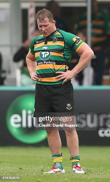 Dylan Hartley, the Northampton Saints captain looks on during the Aviva Premiership play off semi final match between Northampton Saints and Saracens...