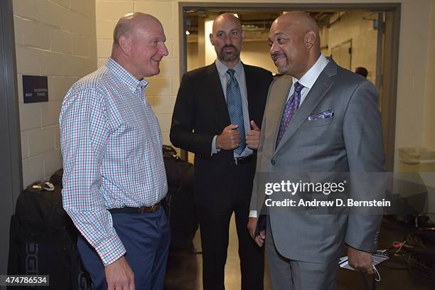 Los Angeles Clippers owner, Steve Ballmer talks to Commentator, Michael Wilbon and Former NBA player Jon Barry before Game Seven of the Western...