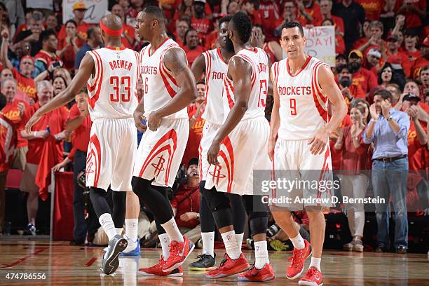 The Houston Rockets huddle up during Game Seven of the Western Conference Semifinals against the Los Angeles Clippers during the 2015 NBA Playoffs on...