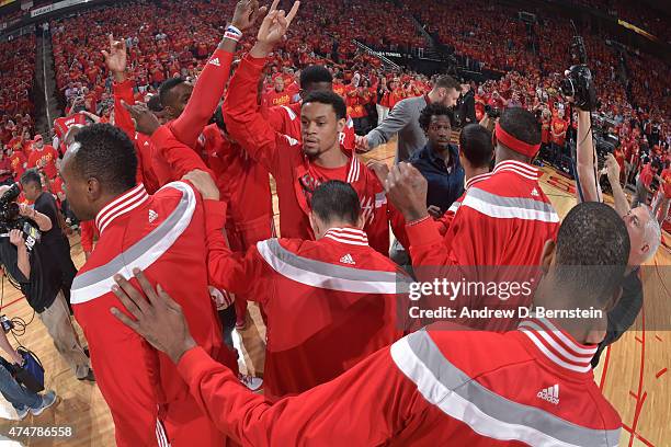 The Houston Rockets huddle up before Game Seven of the Western Conference Semifinals against the Los Angeles Clippers during the 2015 NBA Playoffs on...