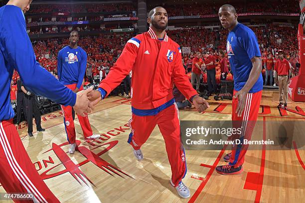 Chris Paul of the Los Angeles Clippers runs out before Game Seven of the Western Conference Semifinals against the Houston Rockets during the 2015...