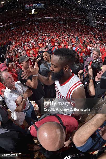 James Harden of the Houston Rockets celebrates on the court after Game Seven of the Western Conference Semifinals against the Los Angeles Clippers...