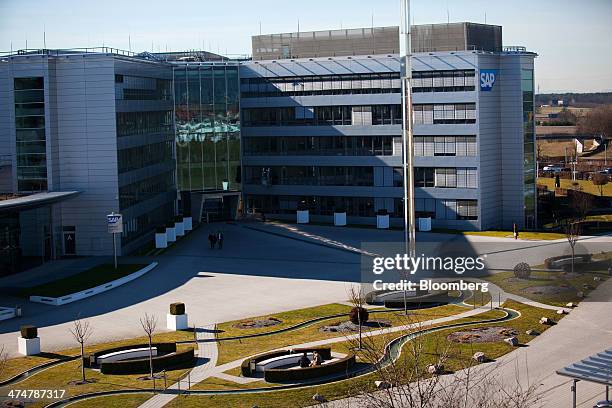 The SAP AG headquarters stand beyond a landscaped garden in Walldorf, Germany, on Monday, Feb. 24, 2014. SAP AG co-Chief Executive Officer Bill...