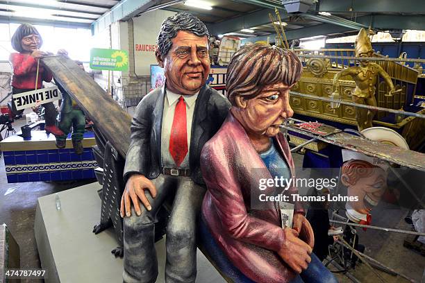 The Carnival parade float satirizing German Chancellor Angela Merkel and her vice-chancellor Sigmar Gabriel pictured on February 25, 2014 in Mainz,...