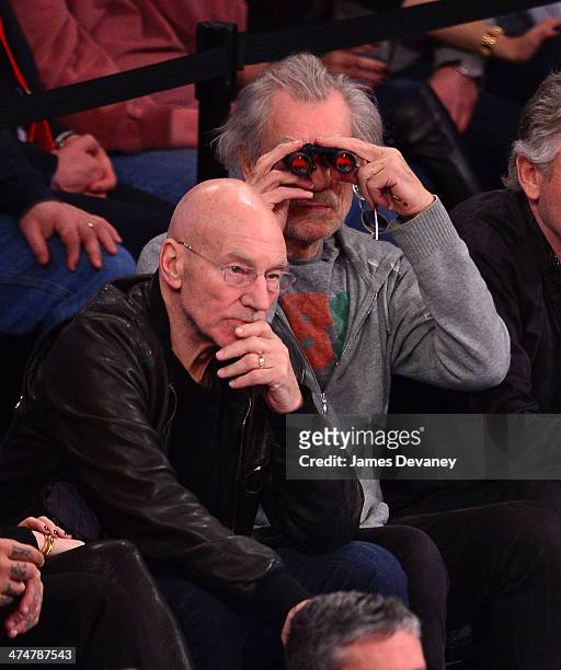 Patrick Stewart and Ian McKellen attend the Dallas Mavericks vs New York Knicks game at Madison Square Garden on February 24, 2014 in New York City.