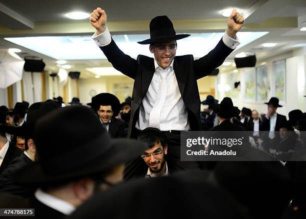 The groom with their relative dancing on 23 February 2014 dated picture which shows the ultra-orthodox jews holding a traditional wedding ceremony in...