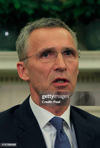 Secretary-General Jens Stoltenberg speaks while meeting with U.S. President Barack Obama in the Oval Office of the White House on May 26,2015 in...