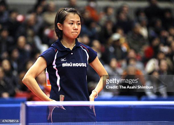 Sayaka Hirano shows her dejection after losing to Hiroko Fujii in the Women's Singles quarter final match during day five of the All Japan Table...