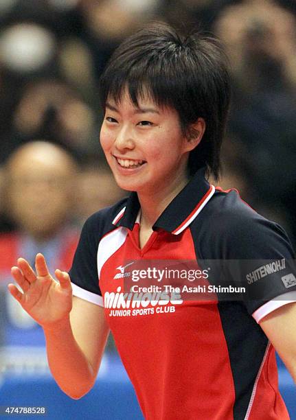 Kasumi Ishikawa celebrate winning the Women Singles final against Hiroko Fujii during the day five of the All Japan Table Tennis Championships at...