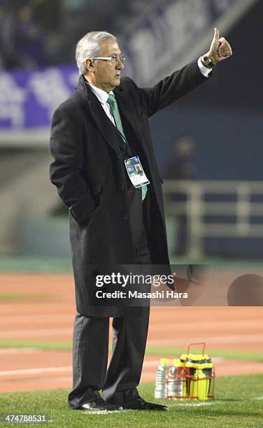 Guregorio Manzano coach of Beijing Guoan gestures during the AFC Champions League match between Sanfrecce Hiroshima and Beijing Guoan at Hiroshima...