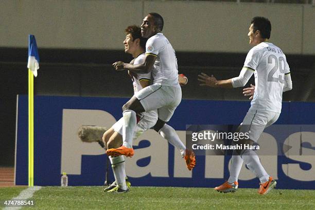 Ha Dae Sung of Beijing Guoan celebrates the first goal during the AFC Champions League match between Sanfrecce Hiroshima and Beijing Guoan at...