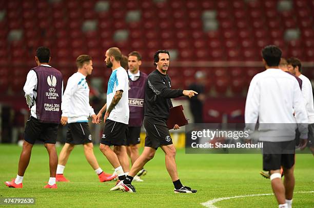 Unai Emery, coach of Sevilla gives instructions during an FC Sevilla training session on the eve of the UEFA Europa League Final against FC Dnipro...