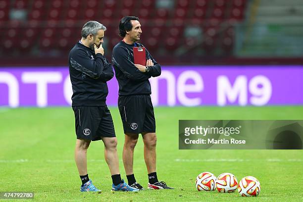 Unai Emery, coach of Sevilla looks on during an FC Sevilla training session on the eve of the UEFA Europa League Final against FC Dnipro...
