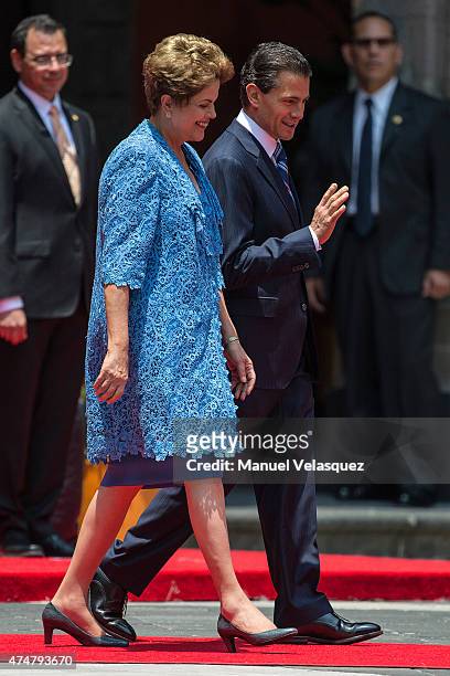 Dilma Rousseff President of Brazil and Enrique Peña Nieto President of Mexico walk during an official reception ceremony at Palacio Nacional on May...