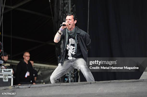 Frontman Darrin South of English heavy metal group Sacred Mother Tongue performing live on the Main Stage at Download Festival on June 16, 2013.