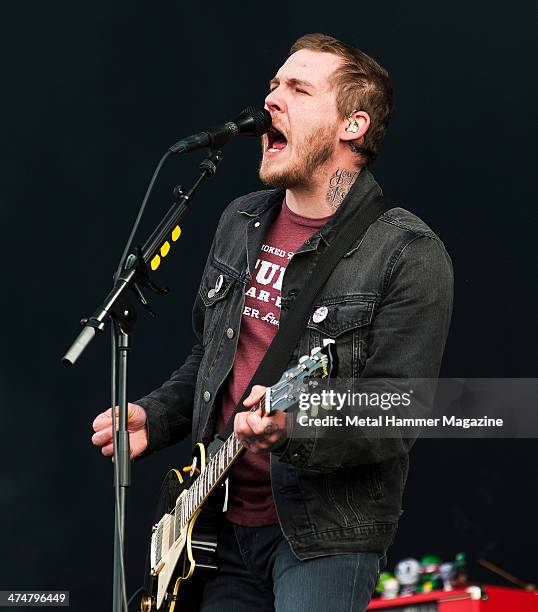 Frontman Brian Fallon of American rock group The Gaslight Anthem performing live on the Main Stage at Download Festival on June 16, 2013.