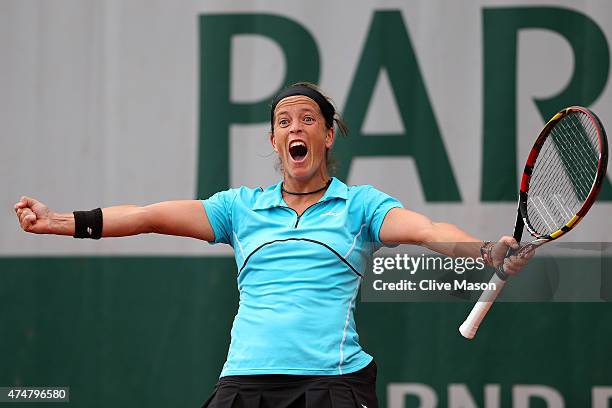 Lourdes Dominguez Lino of Spain celebrates match point during her women's singles match against Christina Mchale of the United States on day three of...