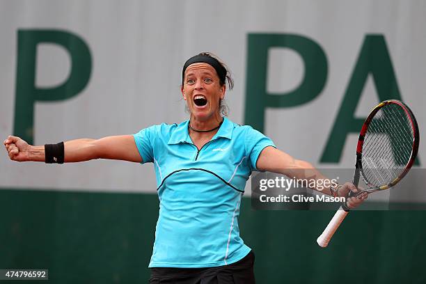 Lourdes Dominguez Lino of Spain celebrates match point during her women's singles match against Christina Mchale of the United States on day three of...