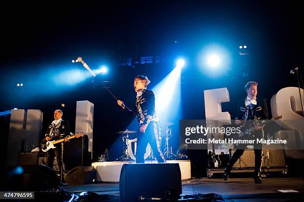 Dr. Matt Destruction, Howlin' Pelle Almqvist and Nicholaus Arson of Swedish garage rock group The Hives performing live on the Pepsi Max Stage at...