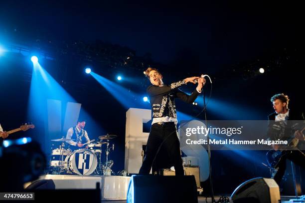 Chris Dangerous, Howlin' Pelle Almqvist and Nicholaus Arson of Swedish garage rock group The Hives performing live on the Pepsi Max Stage at Download...