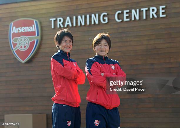 Arsenal Ladies new signings Yukari Kinga and Shinobu Ohno at Arsenal Training Ground at London Colney on February 25, 2014 in St Albans, England.