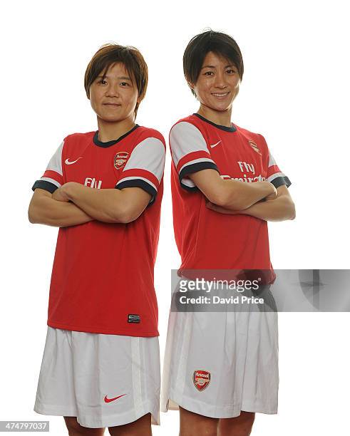 Arsenal Ladies new signings Shinobu Ohno and Yukari Kinga at Arsenal Training Ground at London Colney on February 25, 2014 in St Albans, England.