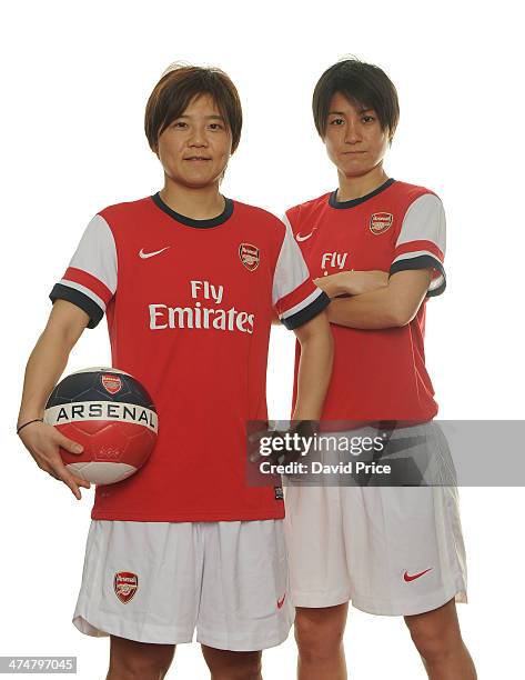 Arsenal Ladies new signings Shinobu Ohno and Yukari Kinga at Arsenal Training Ground at London Colney on February 25, 2014 in St Albans, England.