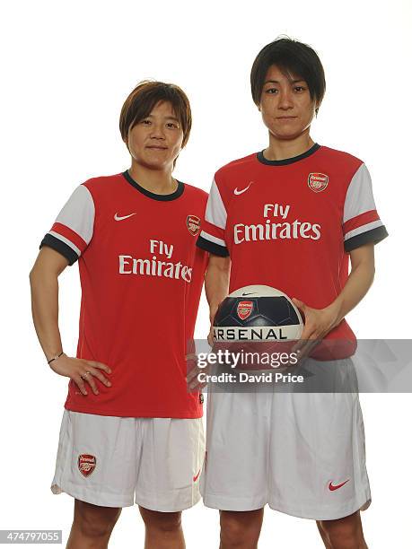 Arsenal Ladies new signings Shinobu Ohno and Yukari Kinga at Arsenal Training Ground at London Colney on February 25, 2014 in St Albans, England.