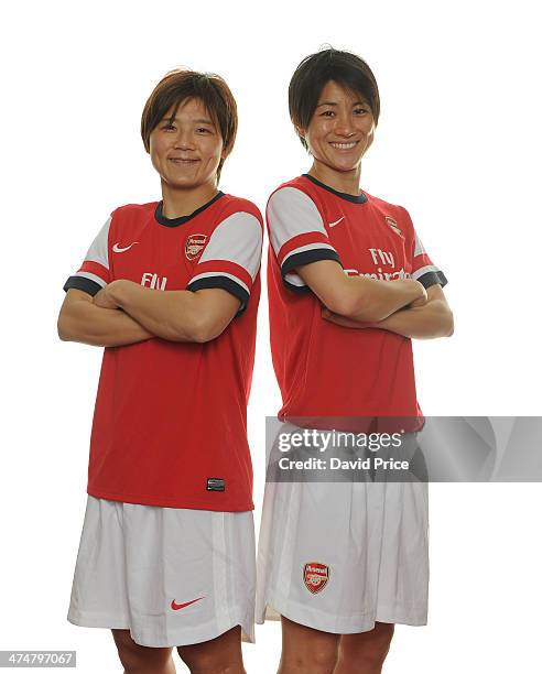 Arsenal Ladies new signings Shinobu Ohno and Yukari Kinga at Arsenal Training Ground at London Colney on February 25, 2014 in St Albans, England.