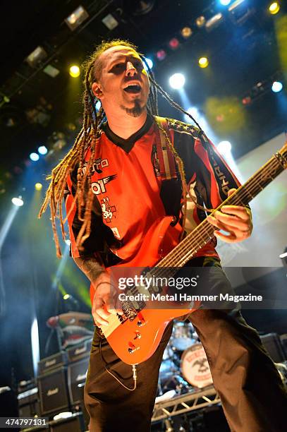 Guitarist Zoltan Bathory of American heavy metal group Five Finger Death Punch performing live on stage at the 2013 Golden Gods Awards in the O2...