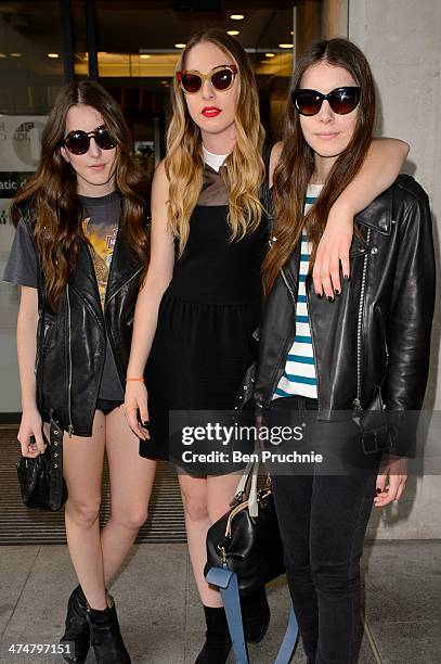 Alana Haim, Este Haim and Danielle Haim of the band Haim sighted at BBC Radio Studios on February 25, 2014 in London, England.