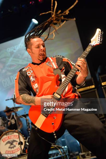 Guitarist Zoltan Bathory of American heavy metal group Five Finger Death Punch performing live on stage at the 2013 Golden Gods Awards in the O2...