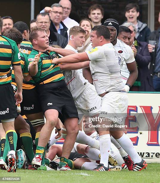 Dylan Hartley, the Northampton Saints captain tustles with Jamie George during the Aviva Premiership play off semi final match between Northampton...