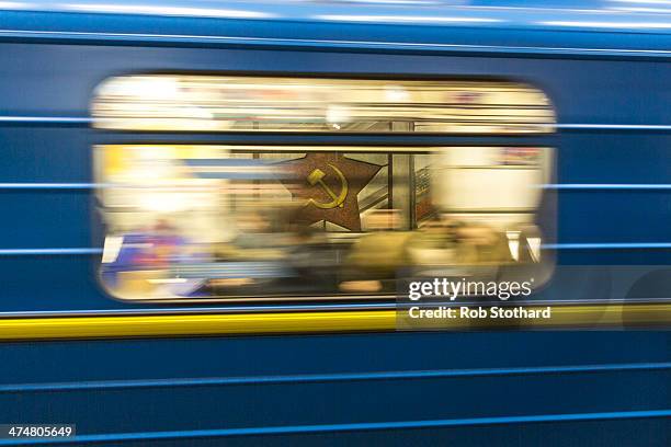 Train arrives at Palats "Ukrayina" metro station on February 25, 2014 in Kiev, Ukraine. Ukraine's interim President Olexander Turchynov is due to...