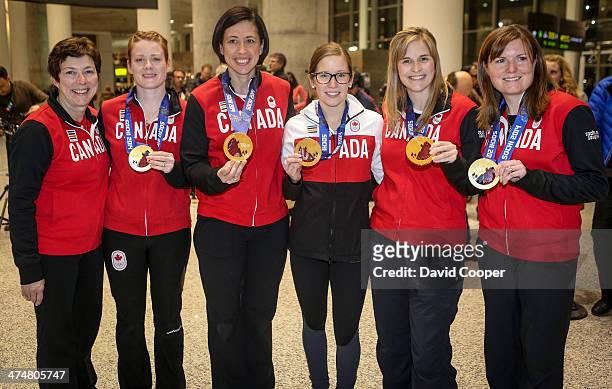 Left to right, coach Janet Arnott, lead Dawn McEwen, second Jill Officer, third Kaitlyn Lawes, and skip Jennifer Jones, and alternate Kirsten Wall of...