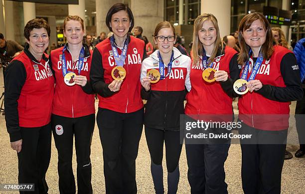 Left to right, coach Janet Arnott, lead Dawn McEwen, second Jill Officer, third Kaitlyn Lawes, and skip Jennifer Jones, and alternate Kirsten Wall of...