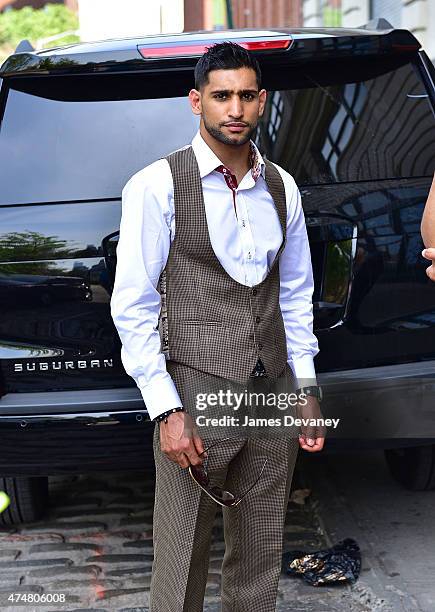 Amir Khan promotes his May 29th Barclays Center fight at Brooklyn's Main Street Park on May 26, 2015 in New York City.