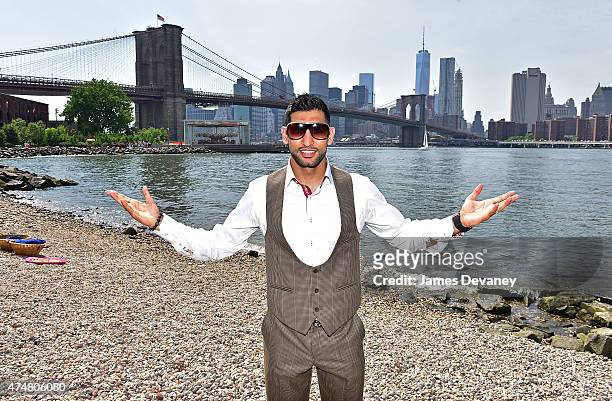 Amir Khan promotes his May 29th Barclays Center fight at Brooklyn's Main Street Park on May 26, 2015 in New York City.