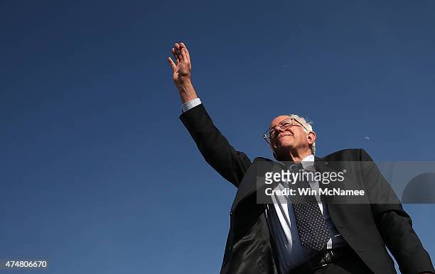 Sen. Bernie Sanders waves to supporters after officially announcing his candidacy for the U.S. Presidency during an event at Waterfront Park May 26,...