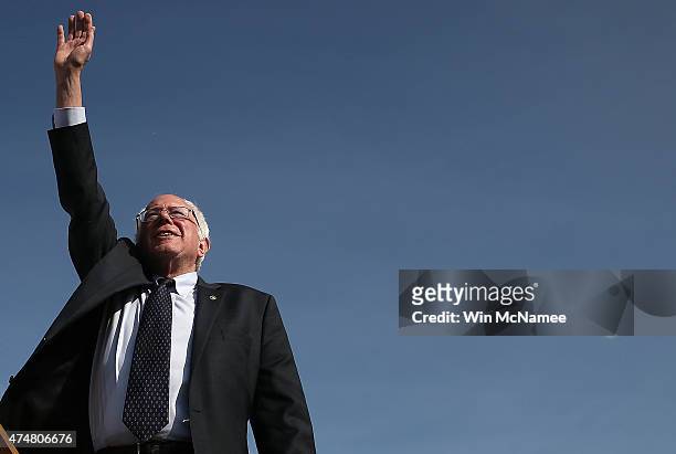 Sen. Bernie Sanders waves to supporters before officially announcing his candidacy for the U.S. Presidency during an event at Waterfront Park May 26,...