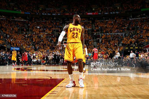 LeBron James of the Cleveland Cavaliers celebrates during a game against the Atlanta Hawks in Game Four of the Eastern Conference Finals during the...