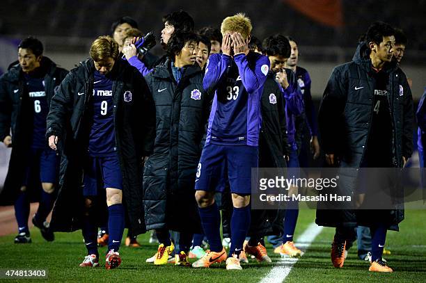 Sanfrecce Hiroshima players look on after the AFC Champions League match between Sanfrecce Hiroshima and Beijing Guoan at Hiroshima Big Arch on...