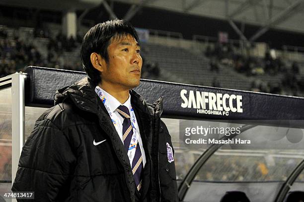 Hajime Moriyasu,coach of Sanfrecce Hiroshima looks on prior to the AFC Champions League match between Sanfrecce Hiroshima and Beijing Guoan at...