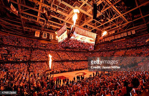 General view of the crowd as fire erupts from the jumbotron during player introductions before Game Four of the Eastern Conference Finals of the 2015...